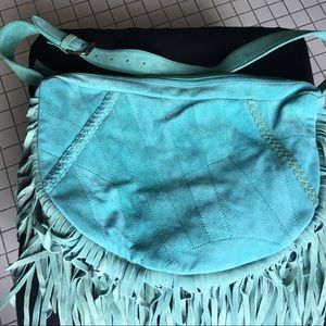 ecote Aqua Genuine Suede Boho Fringe Shoulder  Bag